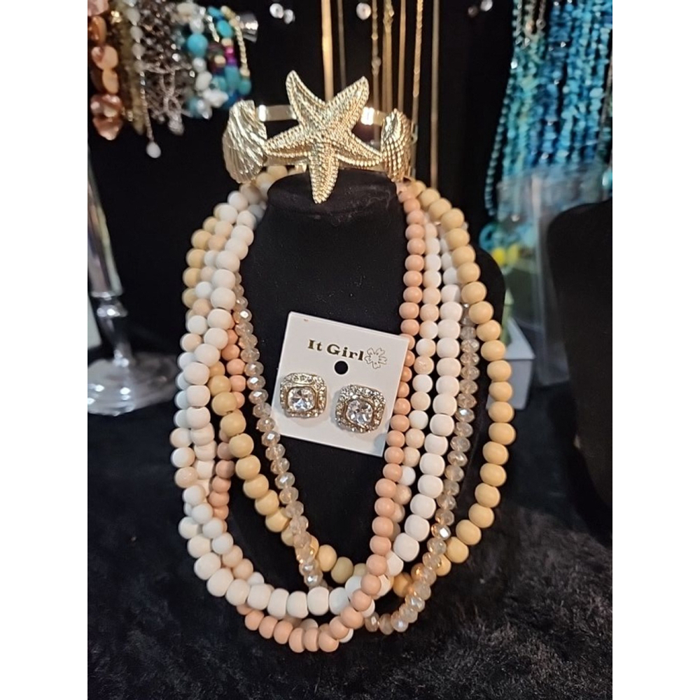 Beaded 5 Strand Necklace Earrings and Bracelet